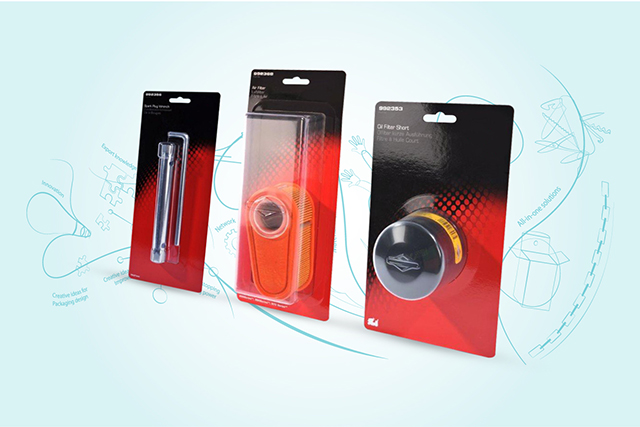 Automotive blister packaging for spark plugs, air filters, and oil filters by Ecobliss India.