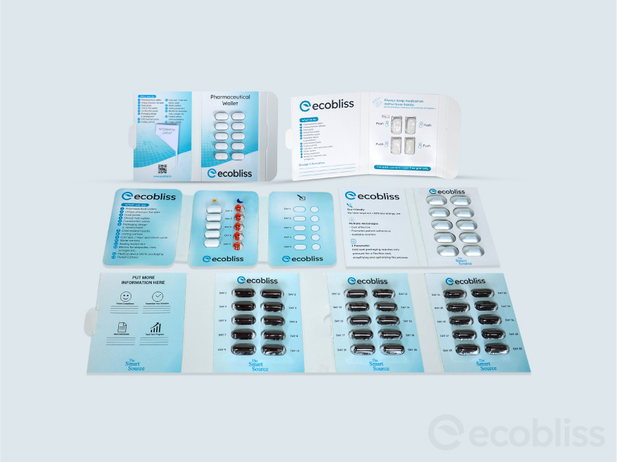 Ecobliss cold-seal pharmaceutical wallet packaging samples in multiple configurations.