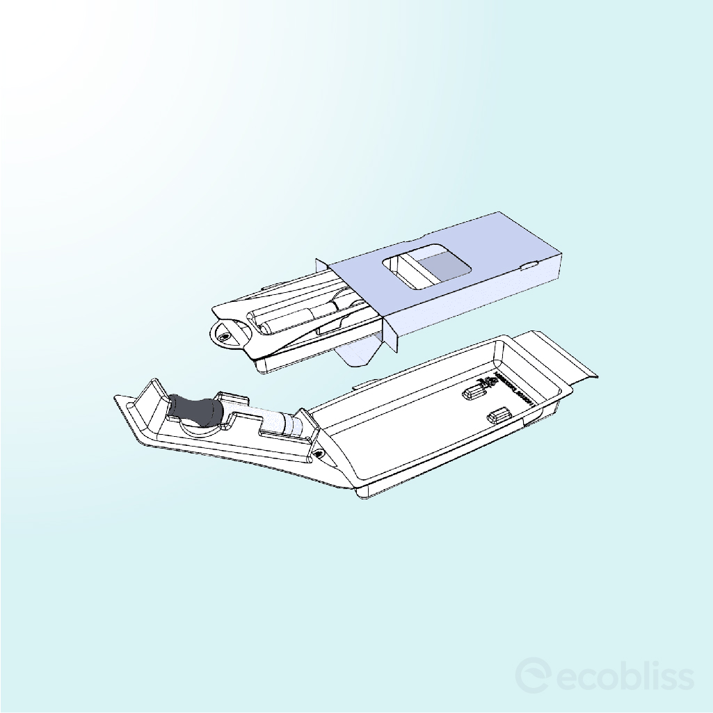 Windowed packaging tray allowing clear visibility of the enclosed pharmaceutical product.