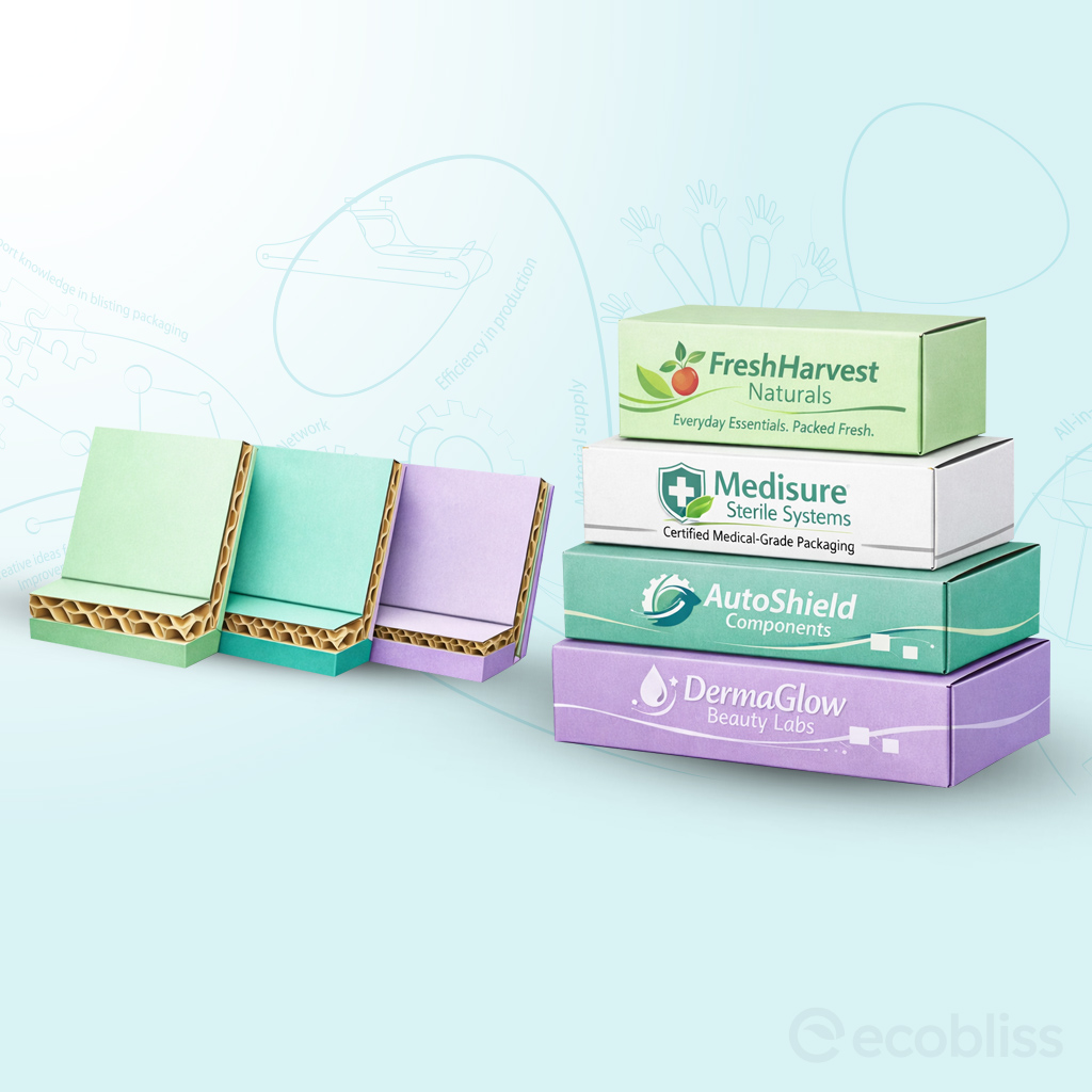 Printed corrugated boxes in G-flute, F-flute, and micro-flute with branded eco-friendly packaging for shipping, e-commerce, and retail.