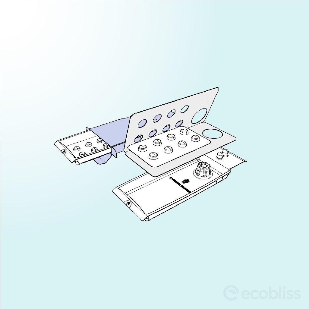 Blister pack placed inside a cold-seal adapter card for secure pharmaceutical packaging.