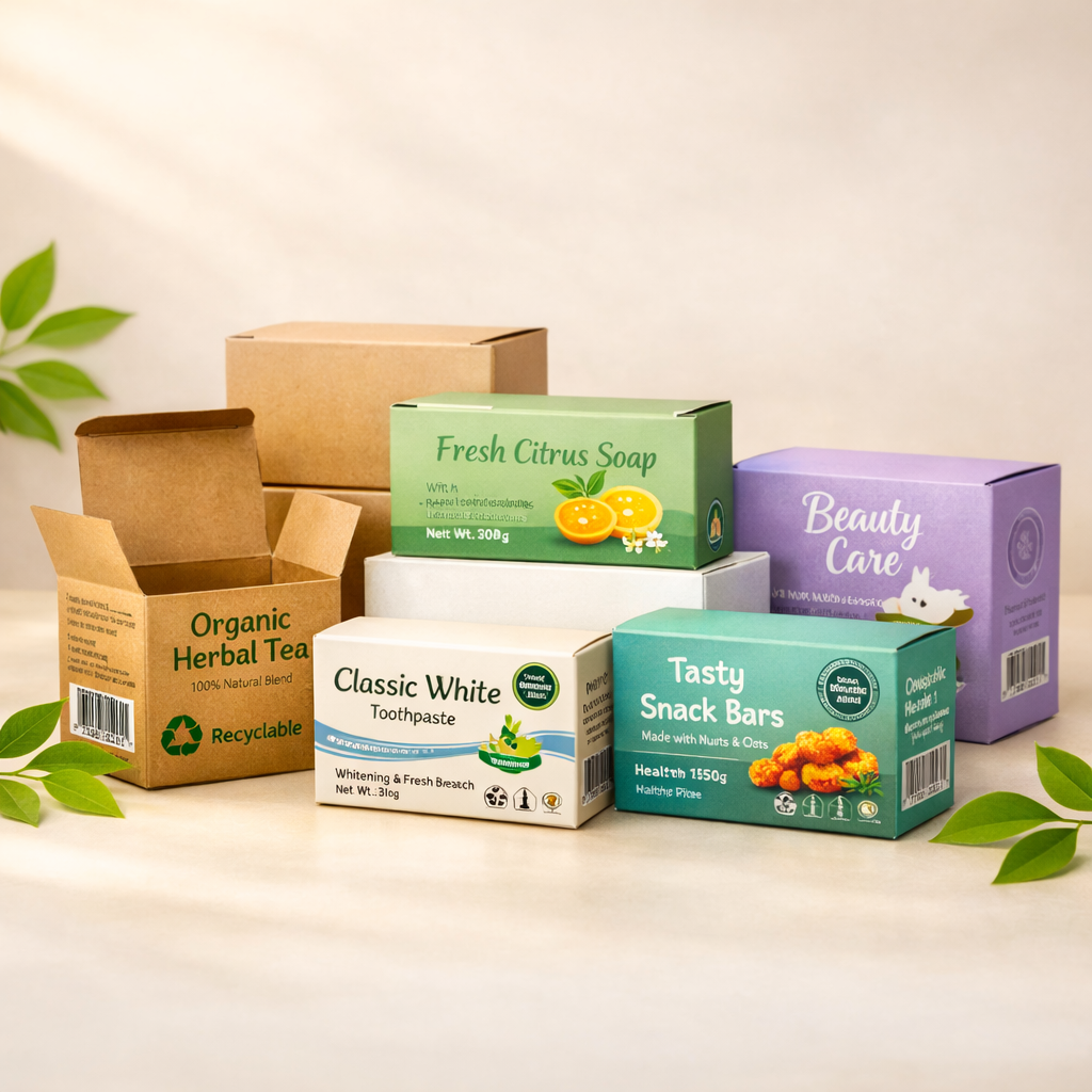 Eco-friendly recyclable and biodegradable carton packaging with natural green elements