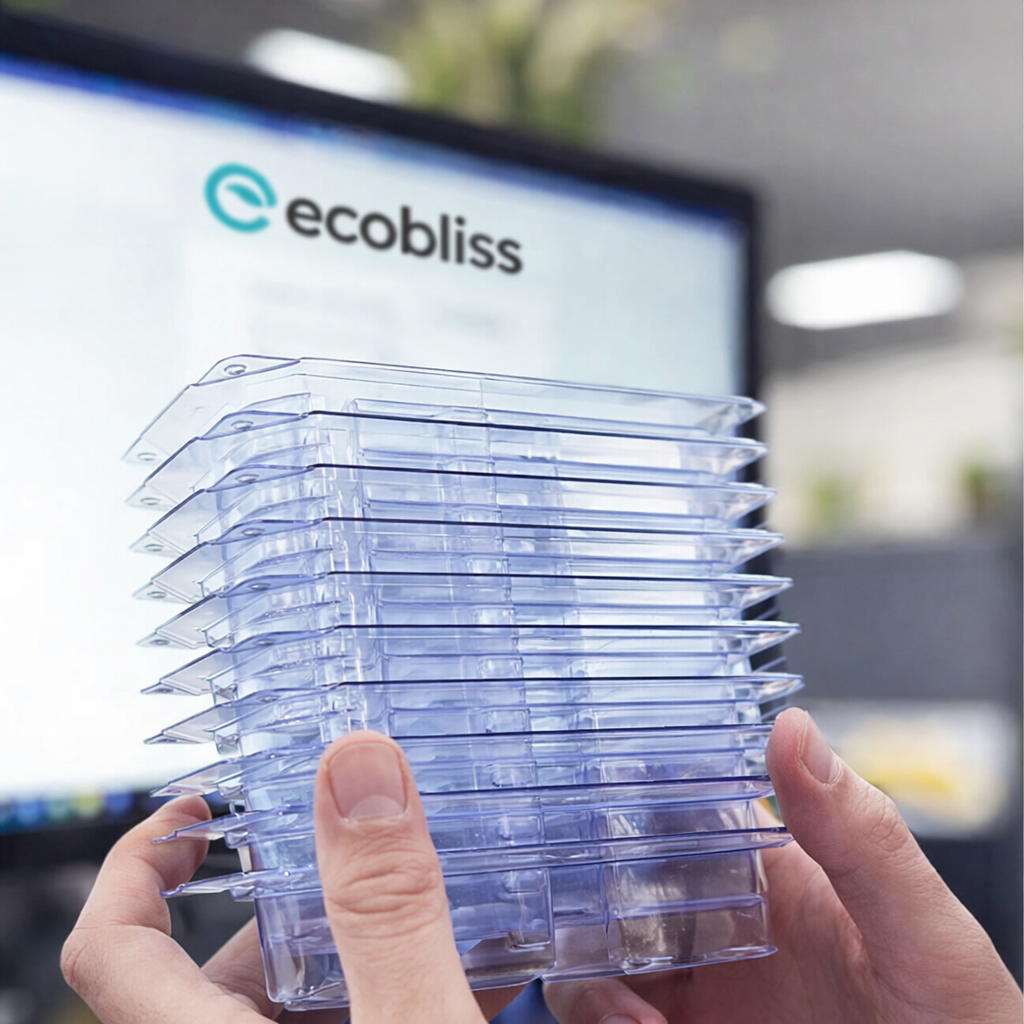Stack of transparent blister trays used for organized, protective, industry-ready packaging.