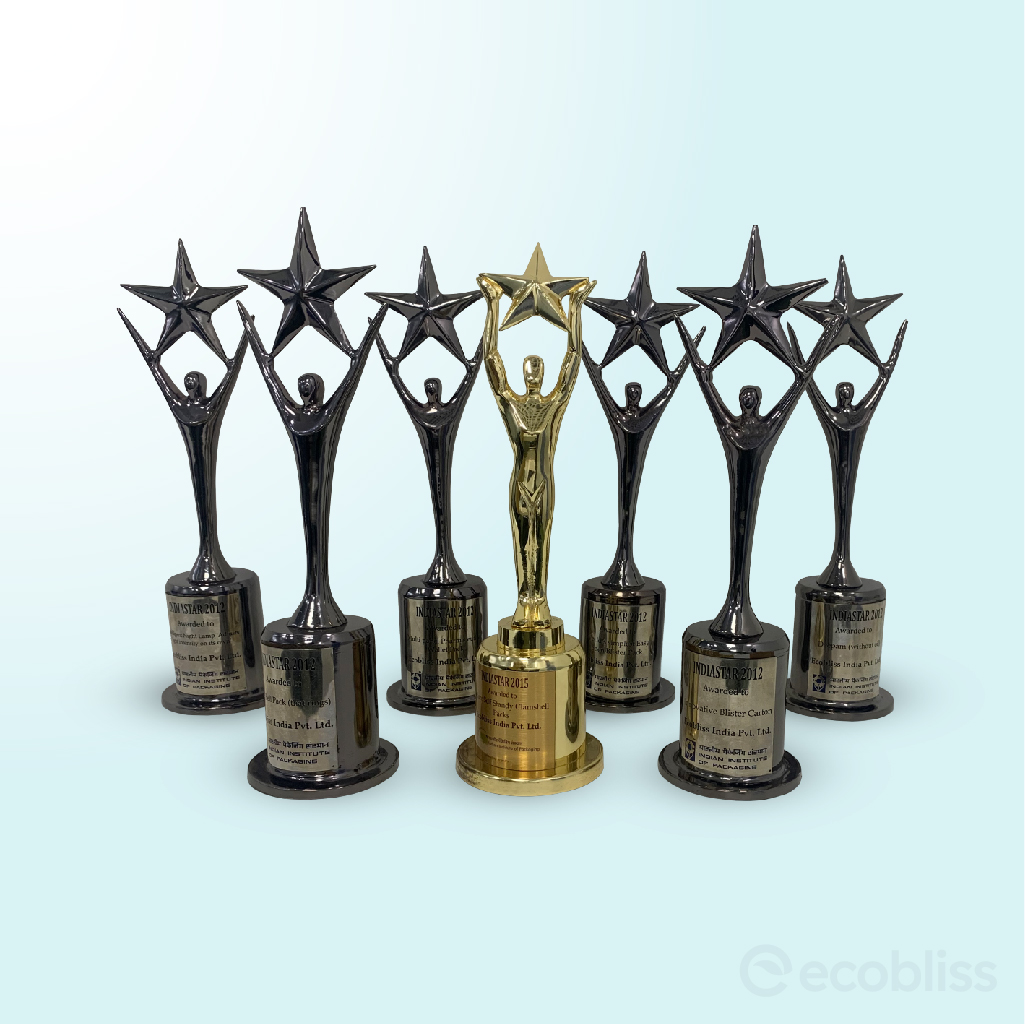 Ecobliss India packaging awards including Indiastar and WPO trophies
