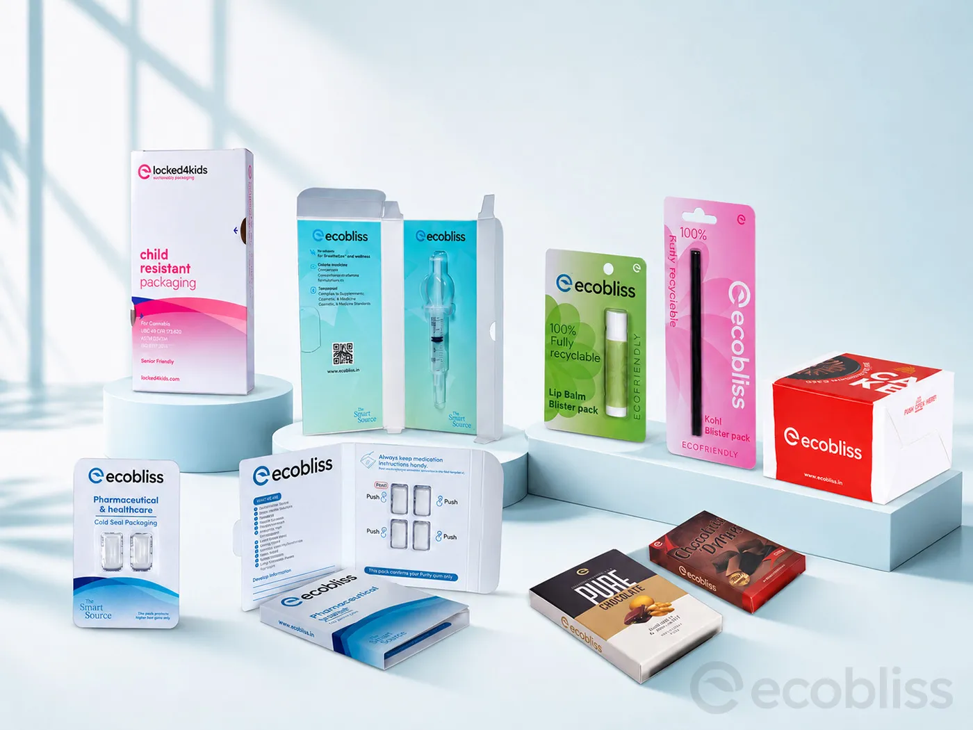 Ecobliss sustainable, child‑resistant and cold‑seal packaging across pharma, FMCG, cosmetics and food.