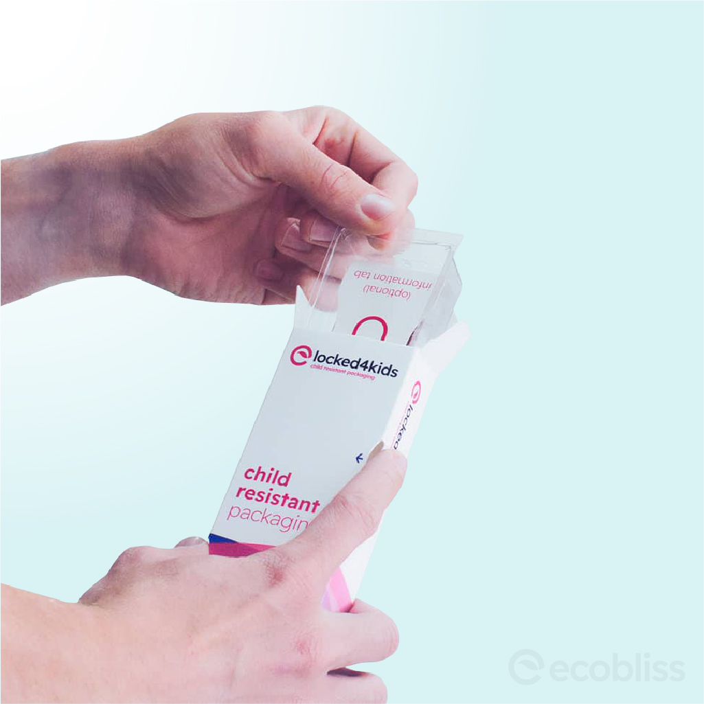 Hands demonstrating the Locked4Kids F=1 and ISO/EN 8317 certified CRSF child-resistant packaging by Ecobliss, showing secure and senior-friendly opening.